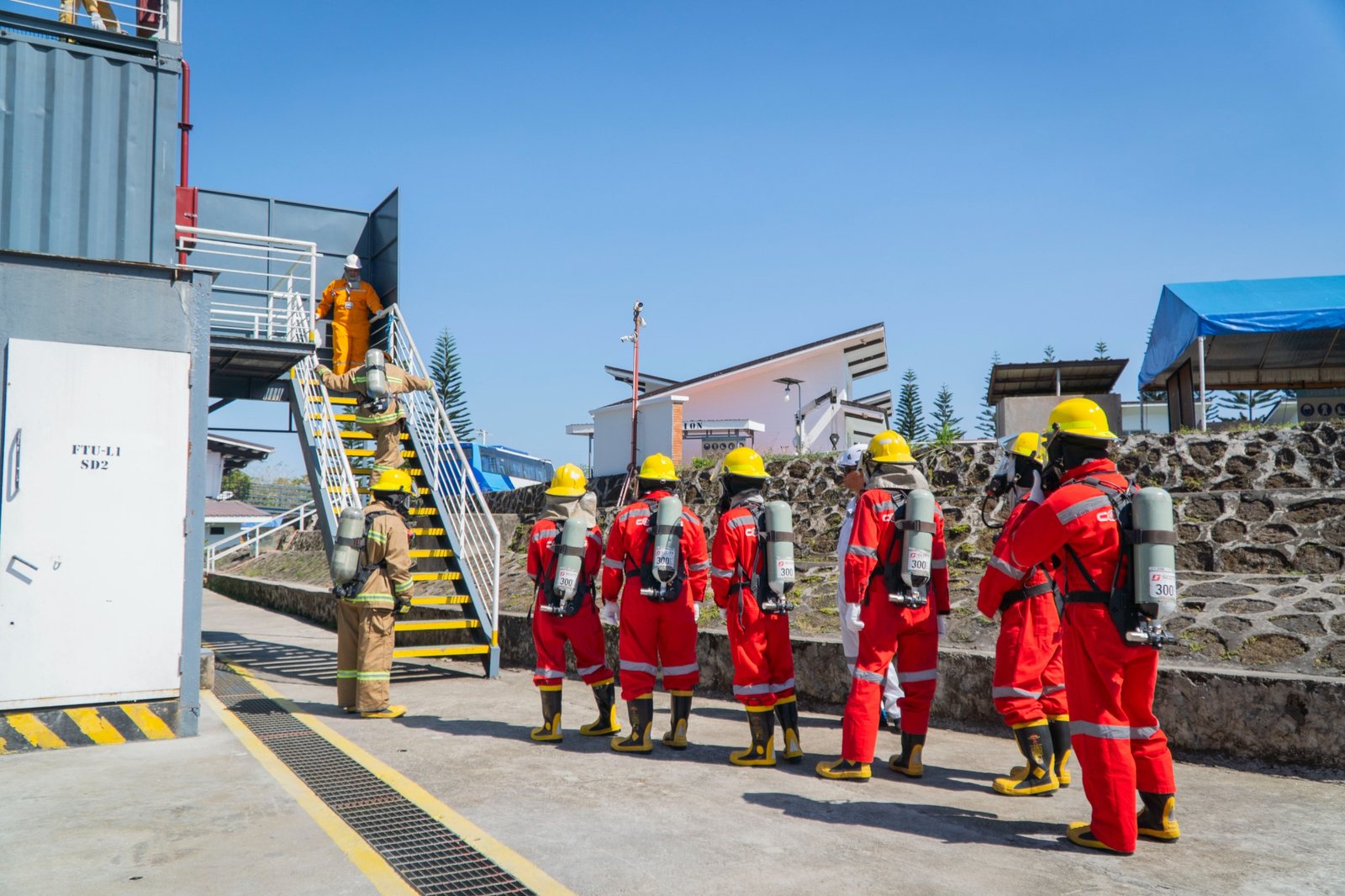 Offshore safety trainees using breathing apparatus at COMPASS